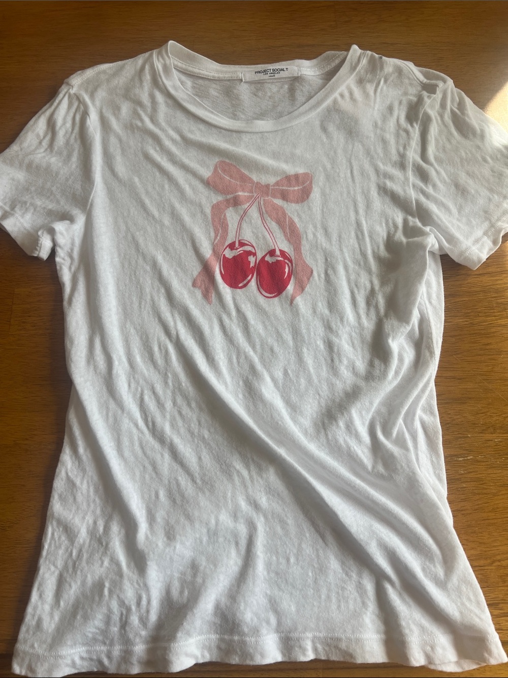 Project Social T White Tee with Pink Bow and Red Cherry Graphic Small